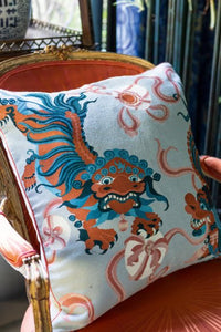 Lion Dance Blue Cushion by Guo Pei