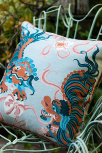 Lion Dance Blue Cushion by Guo Pei
