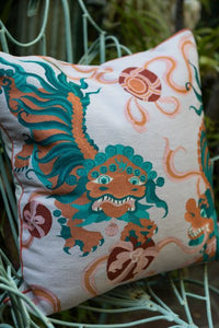Lion Dance Pink Cushion by Guo Pei